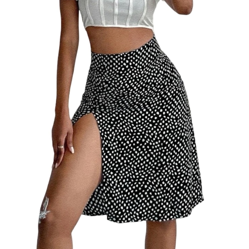 High Waisted Polka Dot Print Midi Length Skirt | Black & White | Size S | Nwot